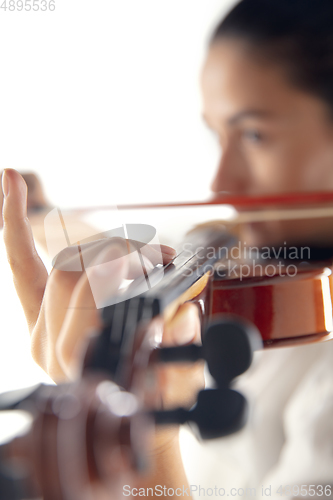 Image of Close up woman playing violin isolated on white studio background