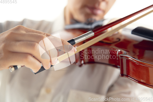 Image of Close up woman playing violin isolated on white studio background
