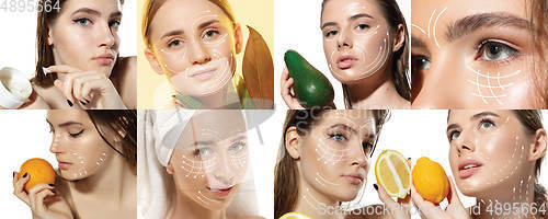 Image of Youth secrets. Beautiful young women over white background. Cosmetics and makeup, lifting and aging concept.