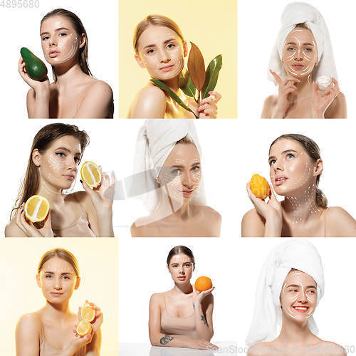 Image of Youth secrets. Beautiful young women over white background. Cosmetics and makeup, lifting and aging concept.