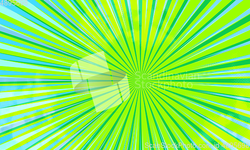 Image of Comic book abstract template with dark rays and halftone humor effects on green radial background.