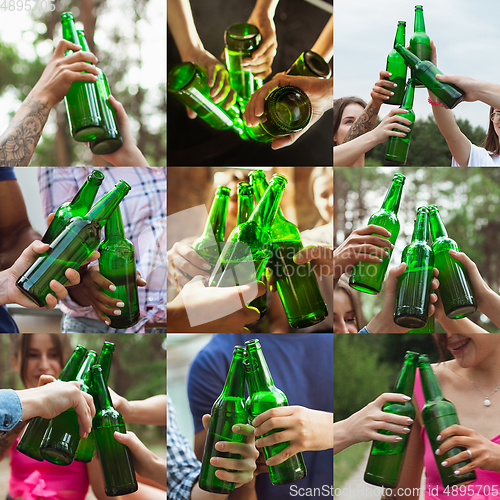 Image of Collage of hands of young friends, colleagues during beer drinking, having fun, laughting and celebrating together. Collage, design