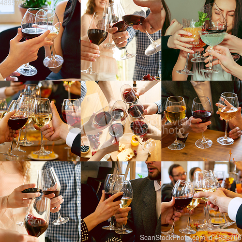 Image of Collage of hands of young friends, colleagues during beer drinking, having fun, laughting and celebrating together. Collage, design