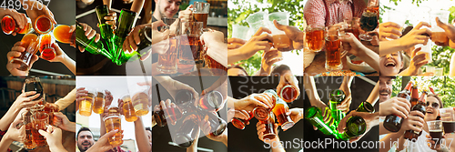 Image of Collage of hands of young friends, colleagues during beer drinking, having fun, laughting and celebrating together. Collage, design