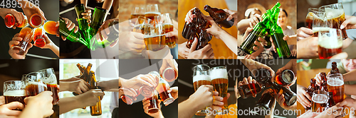 Image of Collage of hands of young friends, colleagues during beer drinking, having fun, laughting and celebrating together. Collage, design