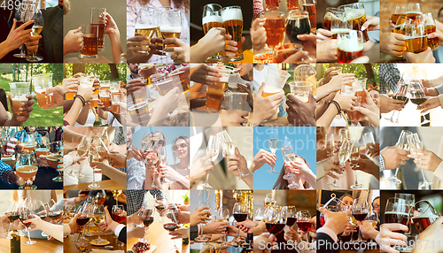 Image of Collage of hands of young friends, colleagues during beer drinking, having fun, laughting and celebrating together. Collage, design