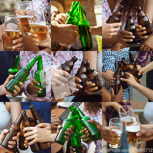 Image of Collage of hands of young friends, colleagues during beer drinking, having fun, laughting and celebrating together. Collage, design