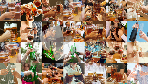 Image of Collage of hands of young friends, colleagues during beer drinking, having fun, laughting and celebrating together. Collage, design