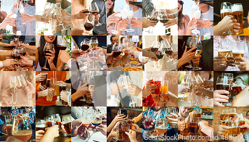 Image of Collage of hands of young friends, colleagues during beer drinking, having fun, laughting and celebrating together. Collage, design