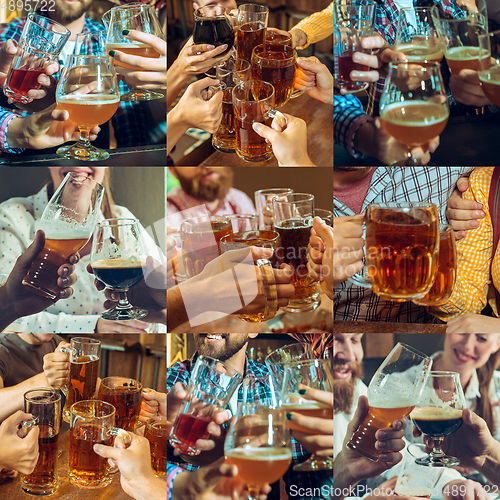 Image of Collage of hands of young friends, colleagues during beer drinking, having fun, laughting and celebrating together. Collage, design