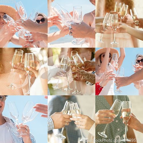 Image of Collage of hands of young friends, colleagues during beer drinking, having fun, laughting and celebrating together. Collage, design