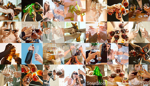 Image of Collage of hands of young friends, colleagues during beer drinking, having fun, laughting and celebrating together. Collage, design