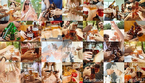 Image of Collage of hands of young friends, colleagues during beer drinking, having fun, laughting and celebrating together. Collage, design