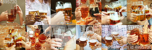 Image of Collage of hands of young friends, colleagues during beer drinking, having fun, laughting and celebrating together. Collage, design