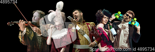 Image of Collage on young people in medieval attire on dark background. Retro style, comparison of eras concept.