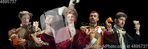 Image of Collage on young people in medieval attire on dark background. Retro style, comparison of eras concept.