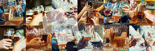 Image of Collage of hands of young friends, colleagues during beer drinking, having fun, laughting and celebrating together. Collage, design