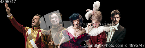 Image of Collage on young people in medieval attire on dark background. Retro style, comparison of eras concept.