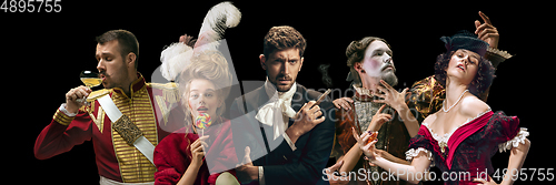 Image of Collage on young people in medieval attire on dark background. Retro style, comparison of eras concept.