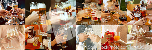 Image of Collage of hands of young friends, colleagues during beer drinking, having fun, laughting and celebrating together. Collage, design