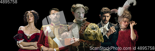 Image of Collage on young people in medieval attire on dark background. Retro style, comparison of eras concept.