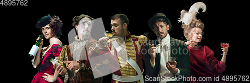 Image of Collage on young people in medieval attire on dark background. Retro style, comparison of eras concept.