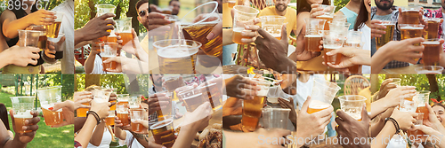 Image of Collage of hands of young friends, colleagues during beer drinking, having fun, laughting and celebrating together. Collage, design