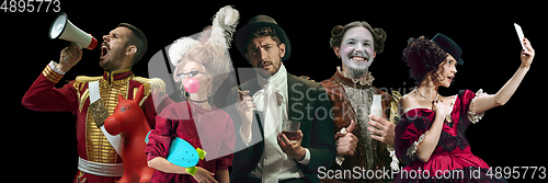 Image of Collage on young people in medieval attire on dark background. Retro style, comparison of eras concept.