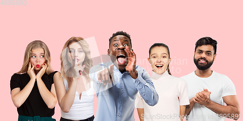 Image of Group portrait of emotional people on coral pink studio background