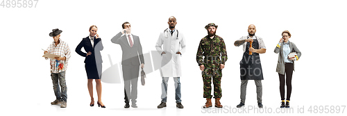 Image of Group of people with different professions isolated on white studio background, horizontal