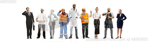 Image of Group of people with different professions isolated on white studio background, horizontal