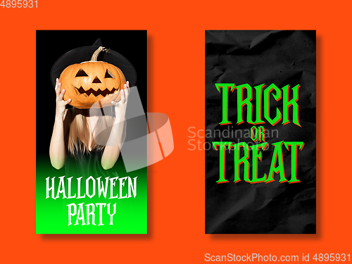 Image of Young woman with pumpkin a witch on scary orange background. Set of stories, vertical