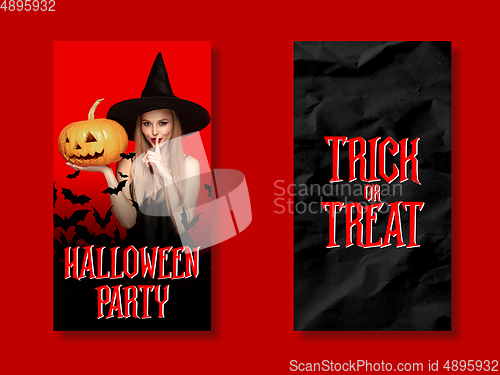 Image of Young woman in hat as a witch on scary red background. Set of stories, vertical