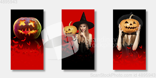 Image of Young woman in hat as a witch on scary red background. Set of stories, vertical