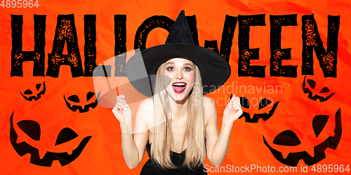 Image of Young woman in hat as a witch on scary red background