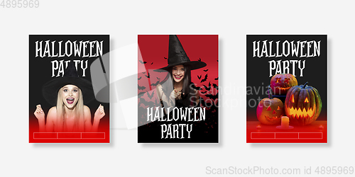 Image of Young woman in hat as a witch on scary red background. Set of stories, vertical