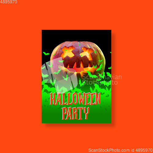 Image of Scary pumpkin on orange background, the night of fear