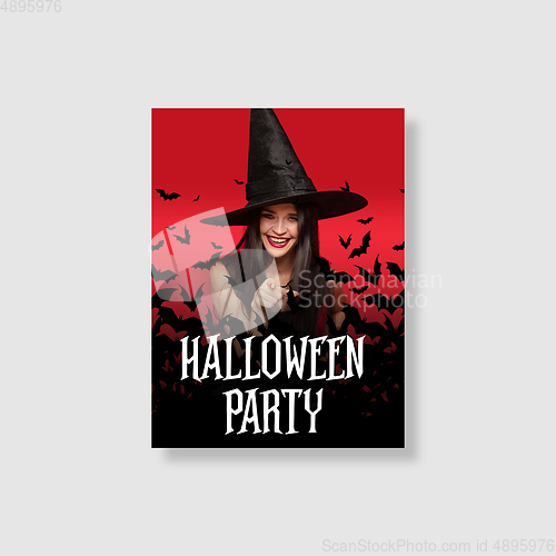 Image of Young woman in hat as a witch on scary red background