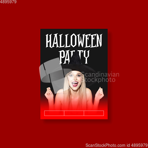 Image of Young woman in hat as a witch on scary red background