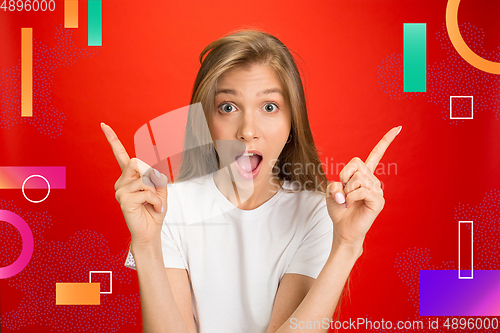 Image of Caucasian woman\'s portrait isolated on bright, modern illustrated background.