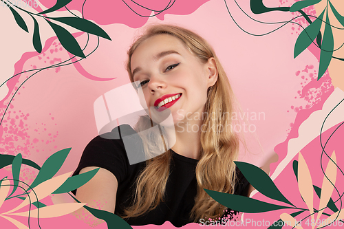 Image of Caucasian woman\'s portrait isolated on bright, modern illustrated background.