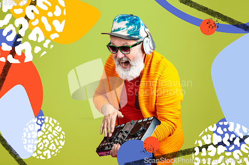 Image of Senior hipster man using devices, gadgets. Tech and joyful elderly lifestyle concept. Bright illustrated background
