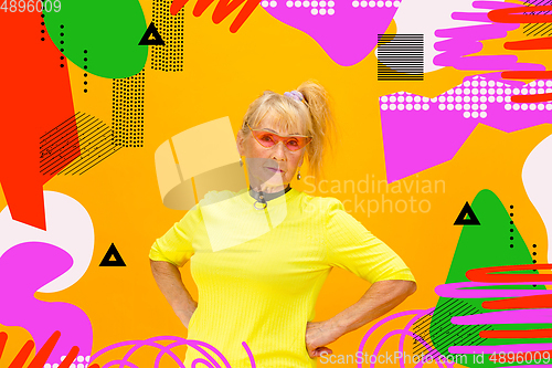 Image of Senior hipster woman using devices, gadgets. Tech and joyful elderly lifestyle concept. Bright illustrated background