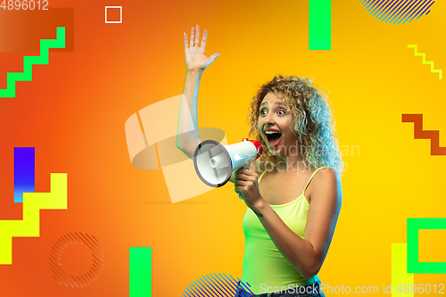 Image of Caucasian woman\'s portrait isolated on bright, modern illustrated background.