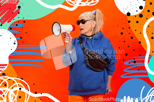 Image of Senior hipster woman using devices, gadgets. Tech and joyful elderly lifestyle concept. Bright illustrated background