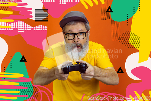 Image of Senior hipster man using devices, gadgets. Tech and joyful elderly lifestyle concept. Bright illustrated background