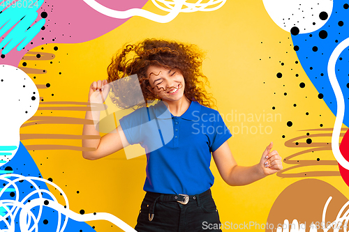 Image of Caucasian woman\'s portrait isolated on bright, modern illustrated background.