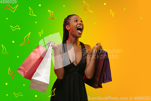 Image of African woman\'s portrait isolated on bright, modern illustrated background.