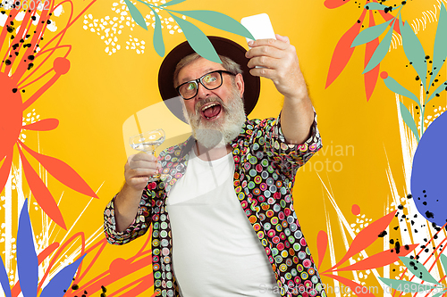 Image of Senior hipster man using devices, gadgets. Tech and joyful elderly lifestyle concept. Bright illustrated background