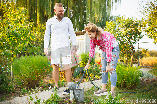 Image of Happy family during watering plants in a garden outdoors. Love, family, lifestyle, harvest concept.